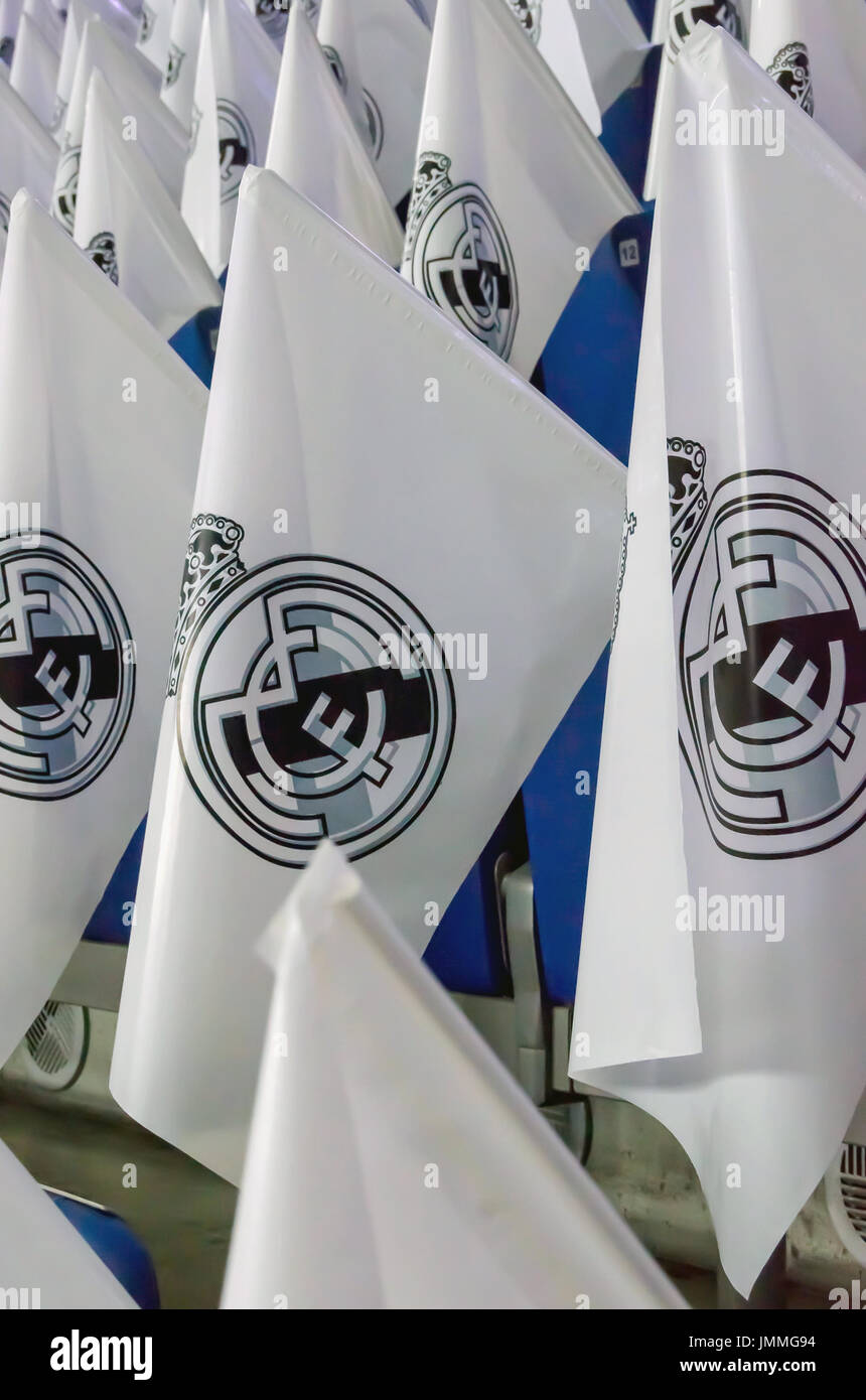 MADRID, SPAIN - JUNE 19: Real madrid flags before the match, on June 19, 2015. Real Madrid flags and symbols are used for encourage the players during a match Stock Photo