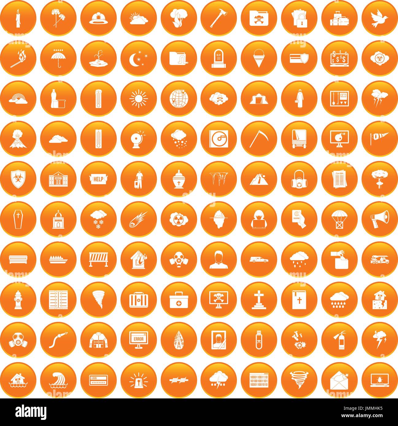 100 natural disasters icons set orange Stock Vector