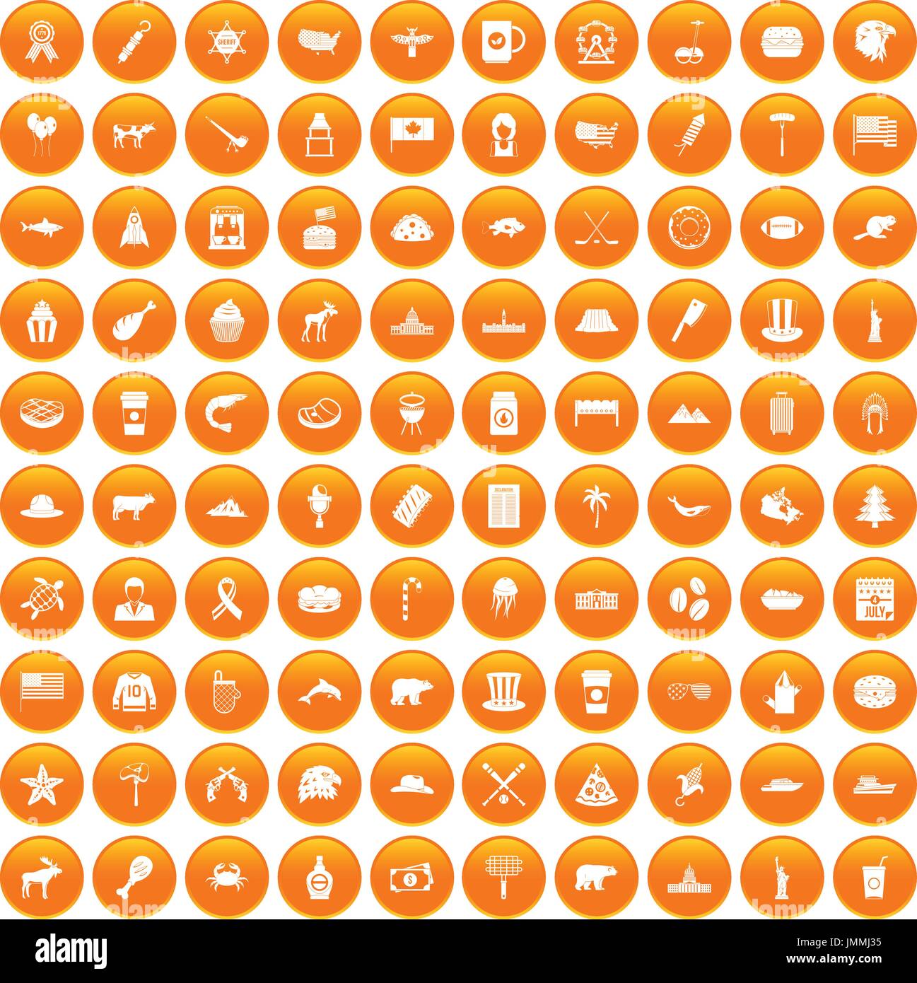100 North America icons set orange Stock Vector