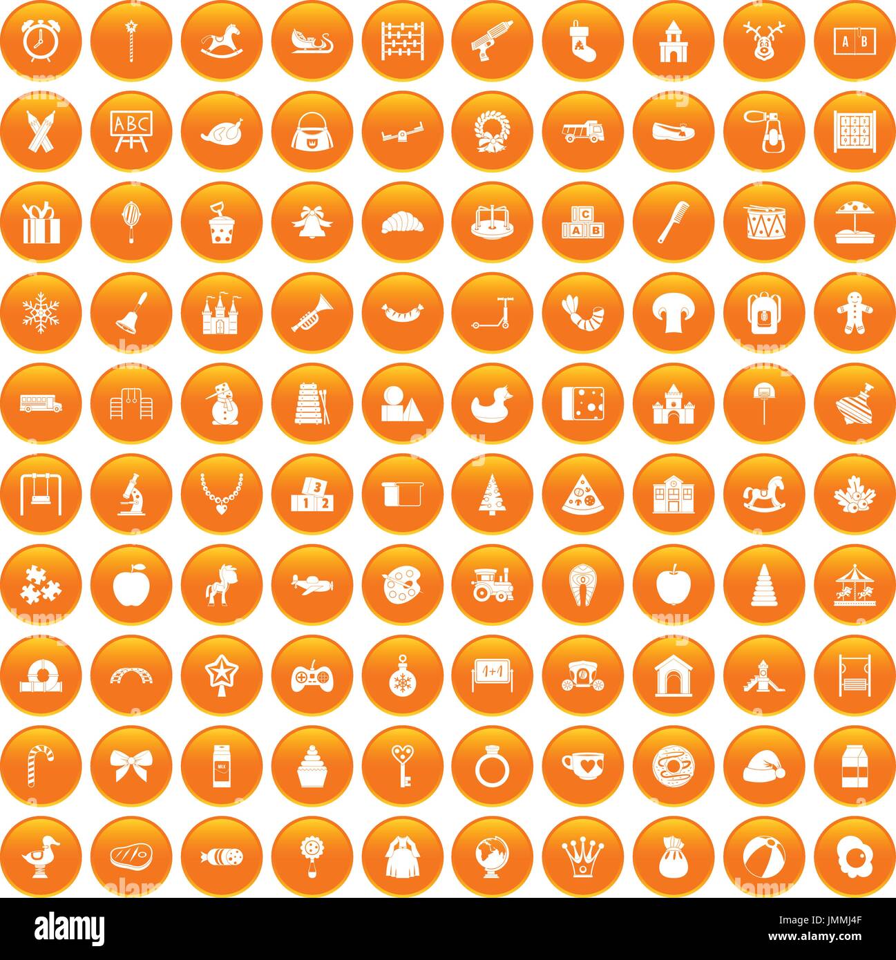 100 nursery school icons set orange Stock Vector