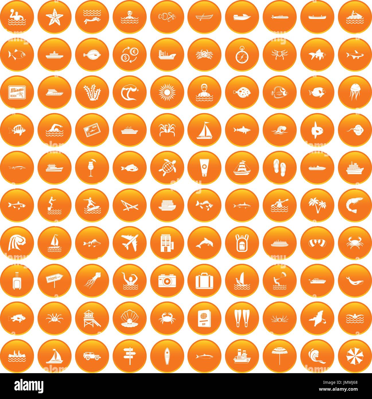 100 ocean icons set orange Stock Vector