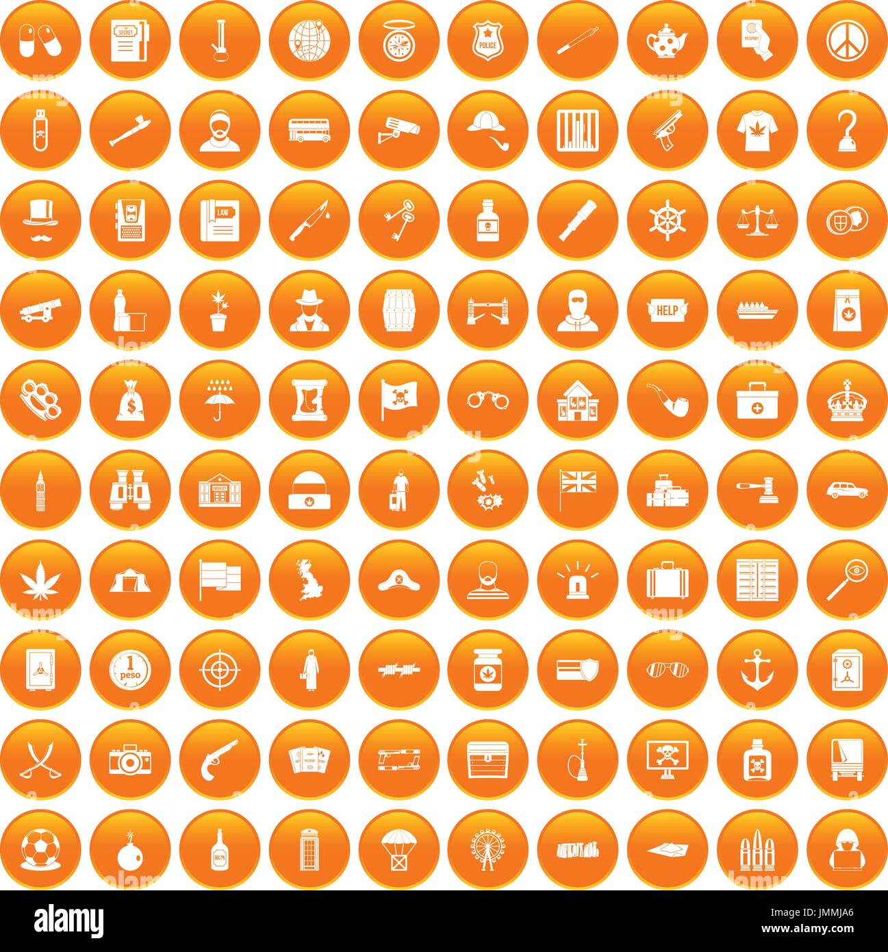 100 offence icons set orange Stock Vector