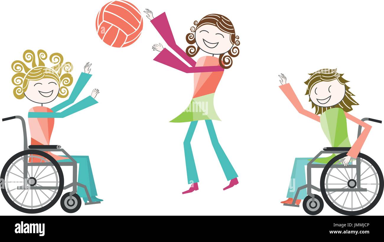 Disabled people in wheelchairs play ball with a person standing, for re