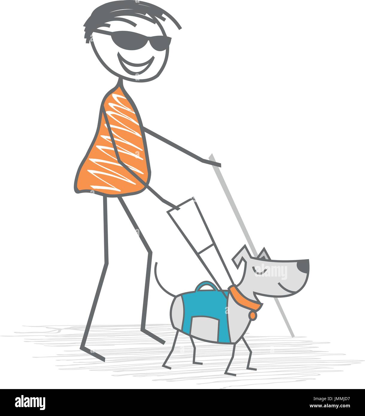 A handicapped man, blind, walks with a white cane and a dog to get help in everyday life Stock Vector