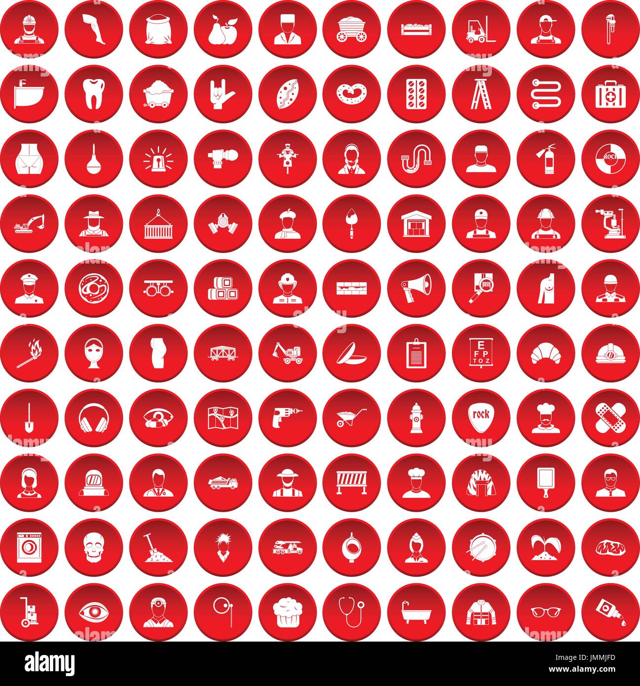 100 different professions icons set red Stock Vector