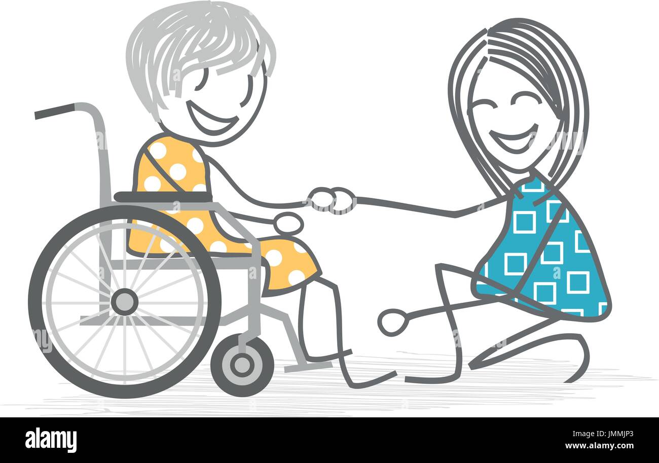 An old person in a wheelchair is helped by a nurse, auxiliary, friend, or someone of her family Stock Vector