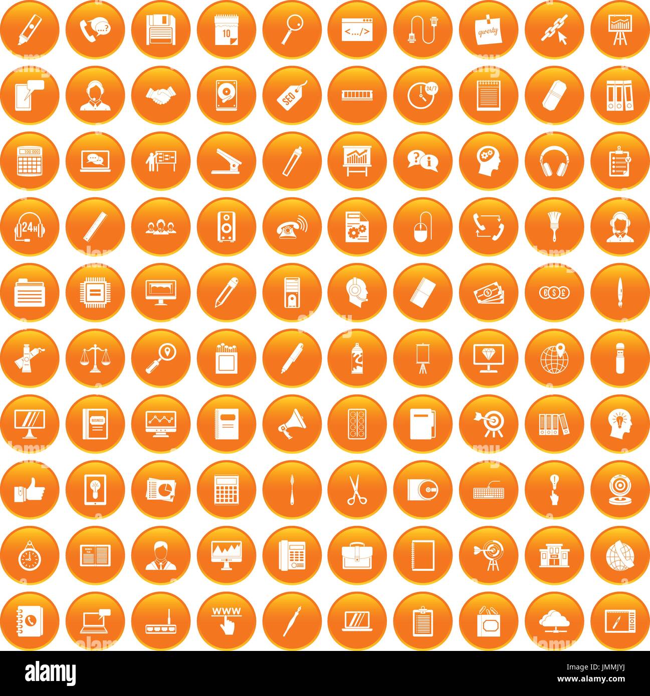 100 office work icons set orange Stock Vector