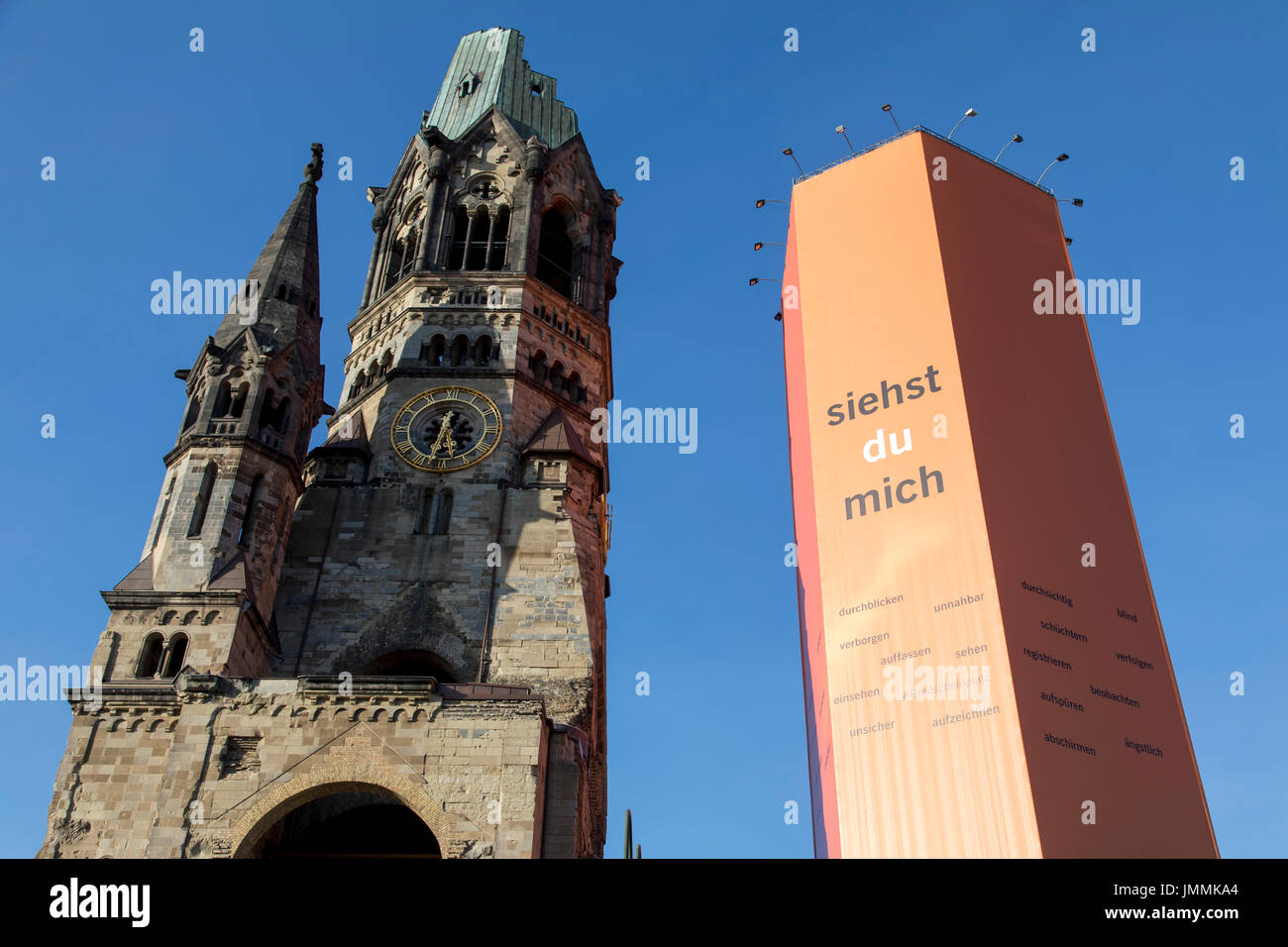 Kaiser-Wilhelm-GedŠchtnis- Church, wrapped Clock tower at the  KurfŸrstendamm street,  Breitscheidplatz, Berlin, Germany, Stock Photo