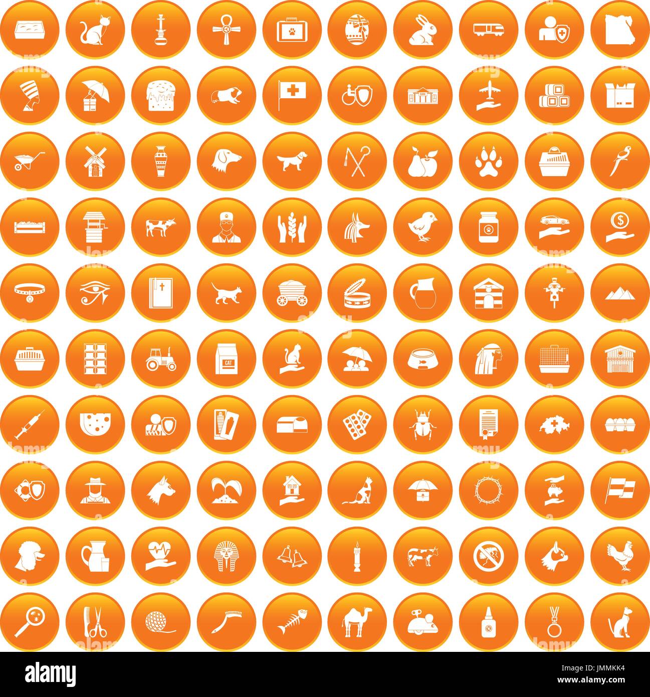 100 pets icons set orange Stock Vector