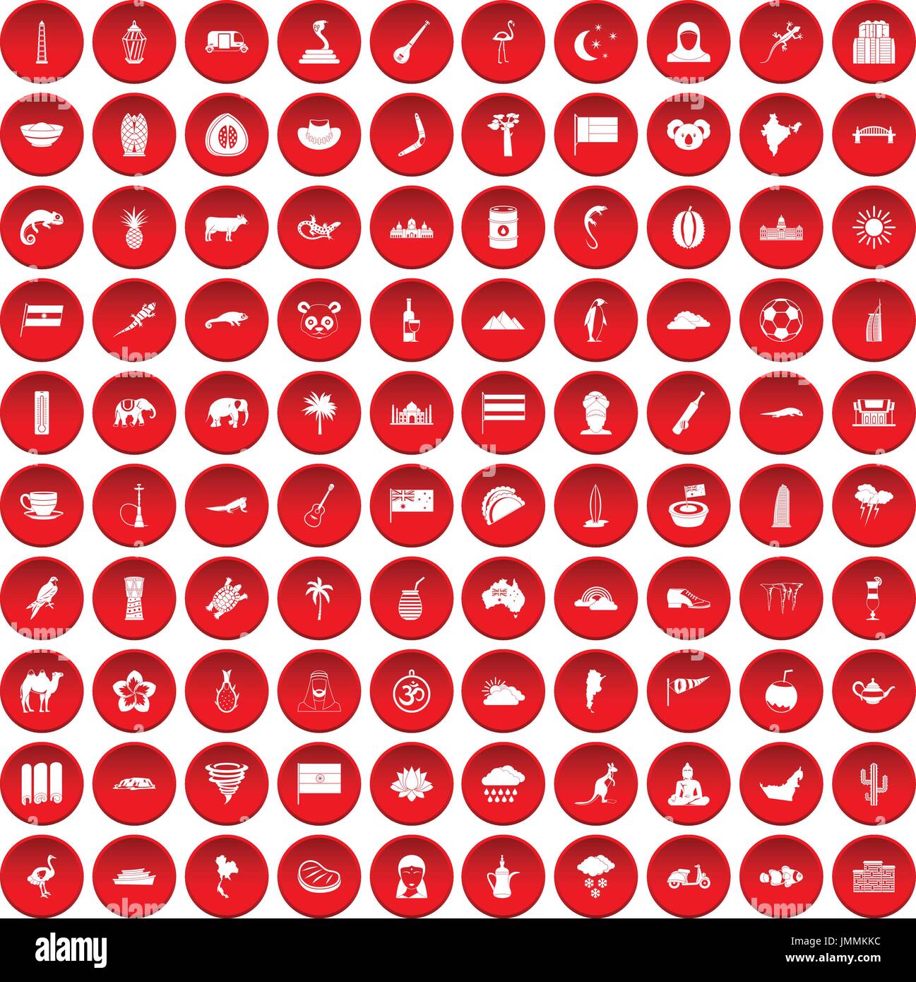 100 exotic animals icons set red Stock Vector