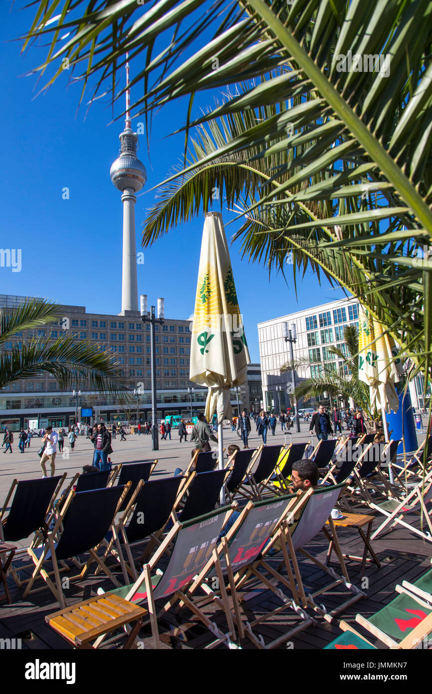 Berlin, Germany, Alexander Square, downtown, Mitte district,  Berlin TV tower, beer garden, Stock Photo