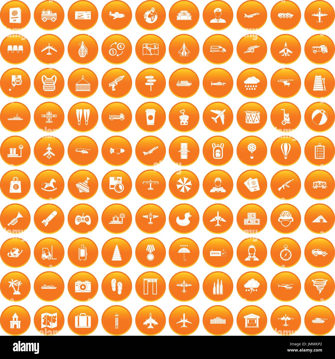 100 plane icons set orange Stock Vector