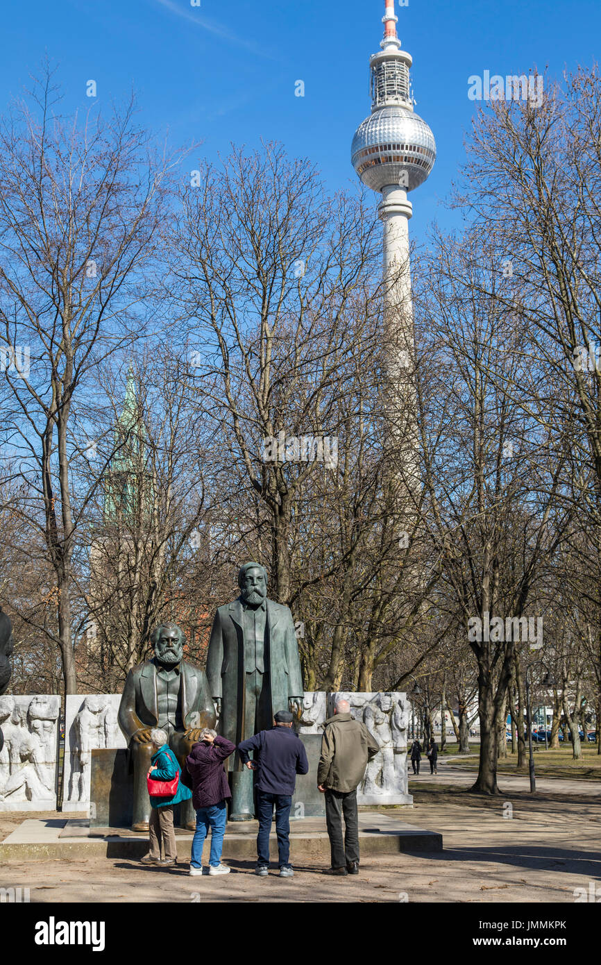 Berlin, Germany, Alexander Square, downtown, Mitte district, Berlin TV tower, Marx and Engels monument Stock Photo