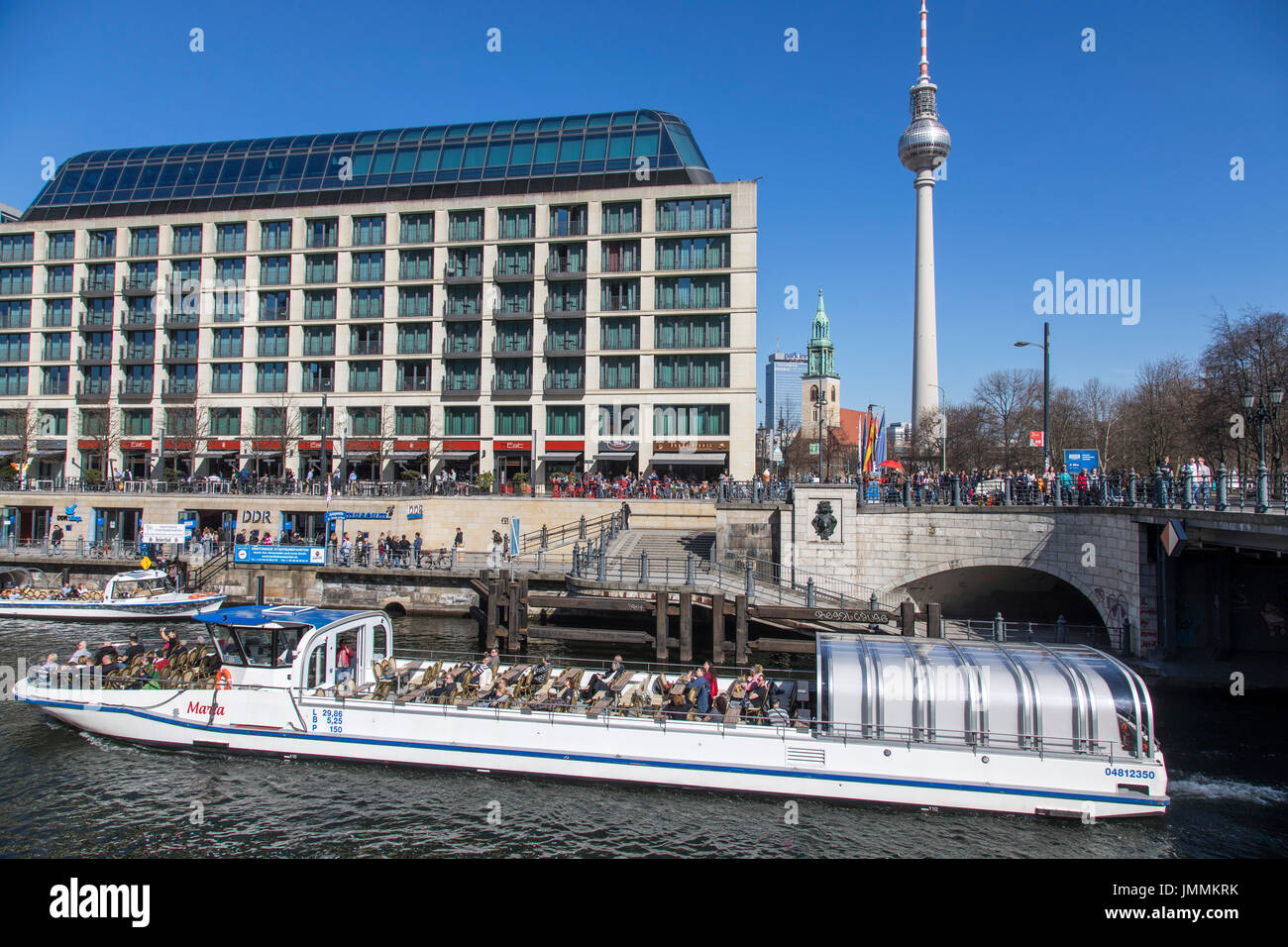 Berlin, Germany, Alexander Square, downtown, Mitte district, Berlin TV tower, Radisson Blu Hotel, river Spree, sightseeing boat, Stock Photo