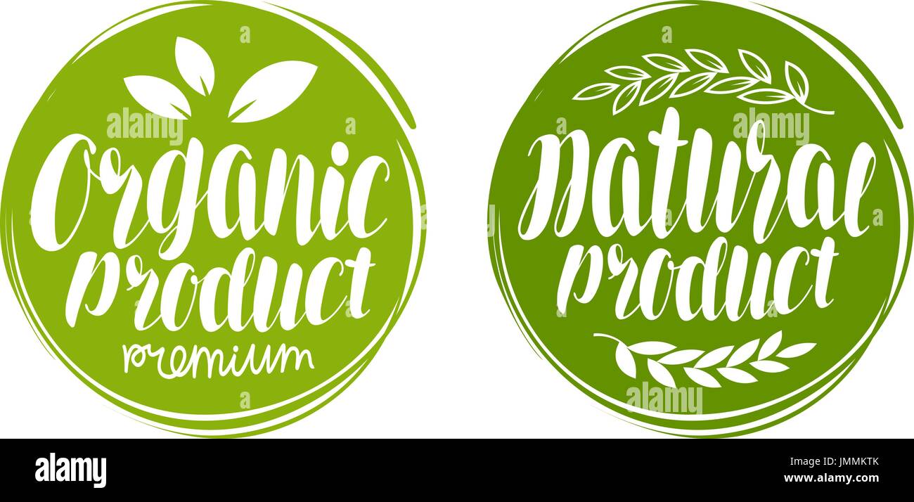 Organic, natural product logo or label. Element for design menu restaurant or cafe. Handwritten lettering, calligraphy vector illustration Stock Vector