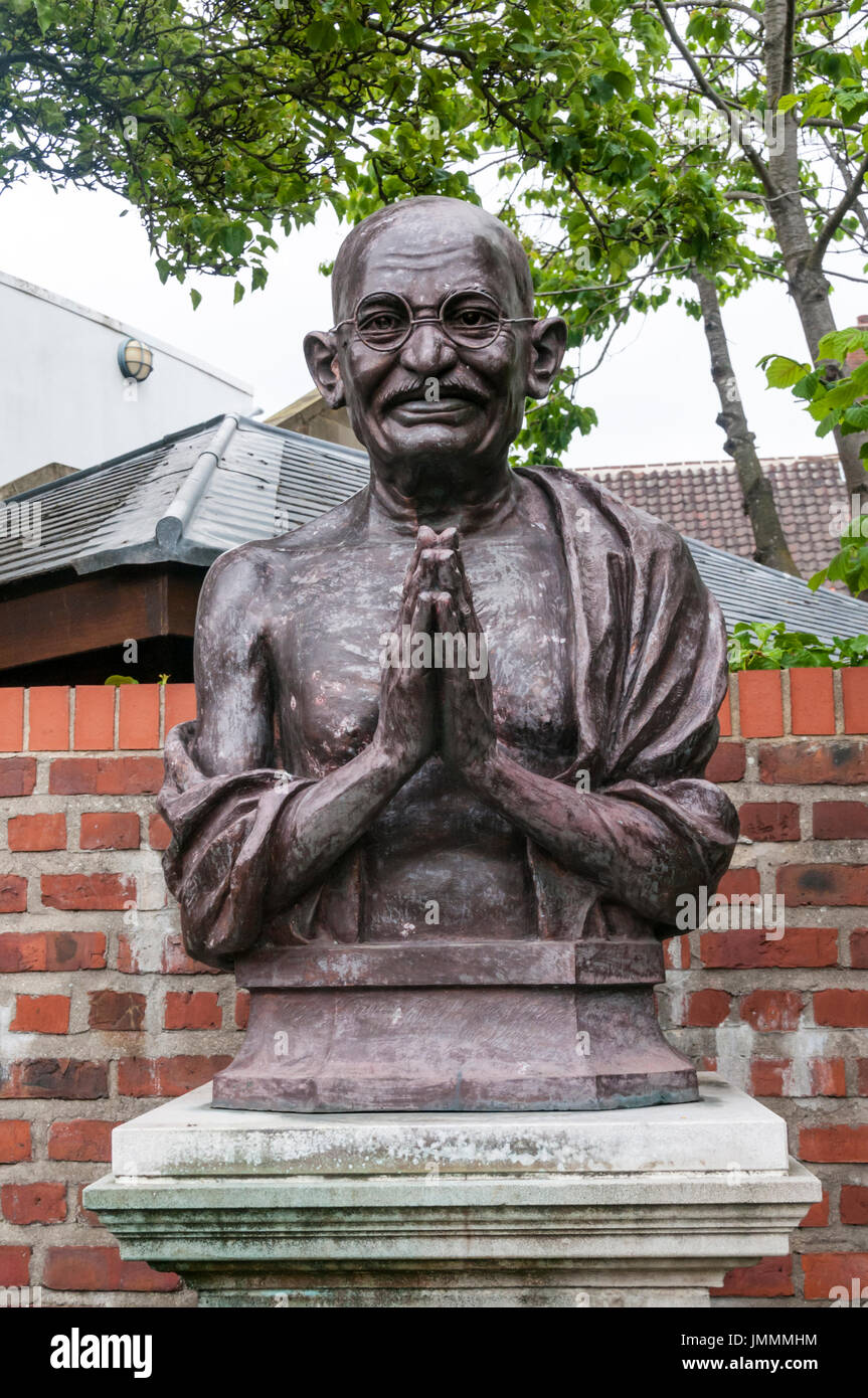 Bust of Mahatma Gandhi in Mandela Gardens, Hull.  DETAILS IN DESCRIPTION. Stock Photo