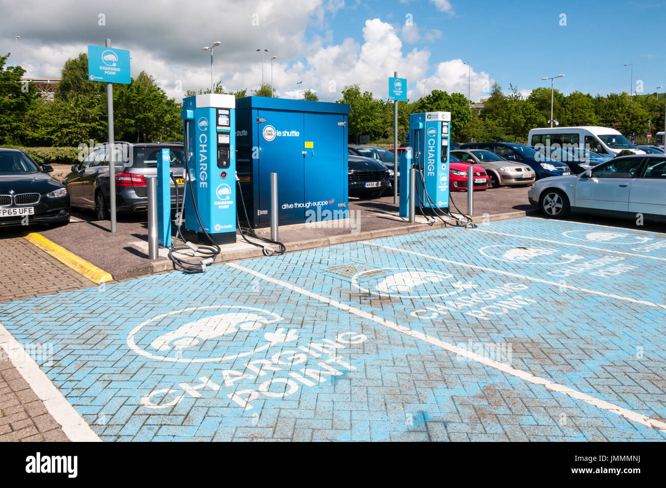 Electric car recharging points at the British Eurotunnel terminal Stock
