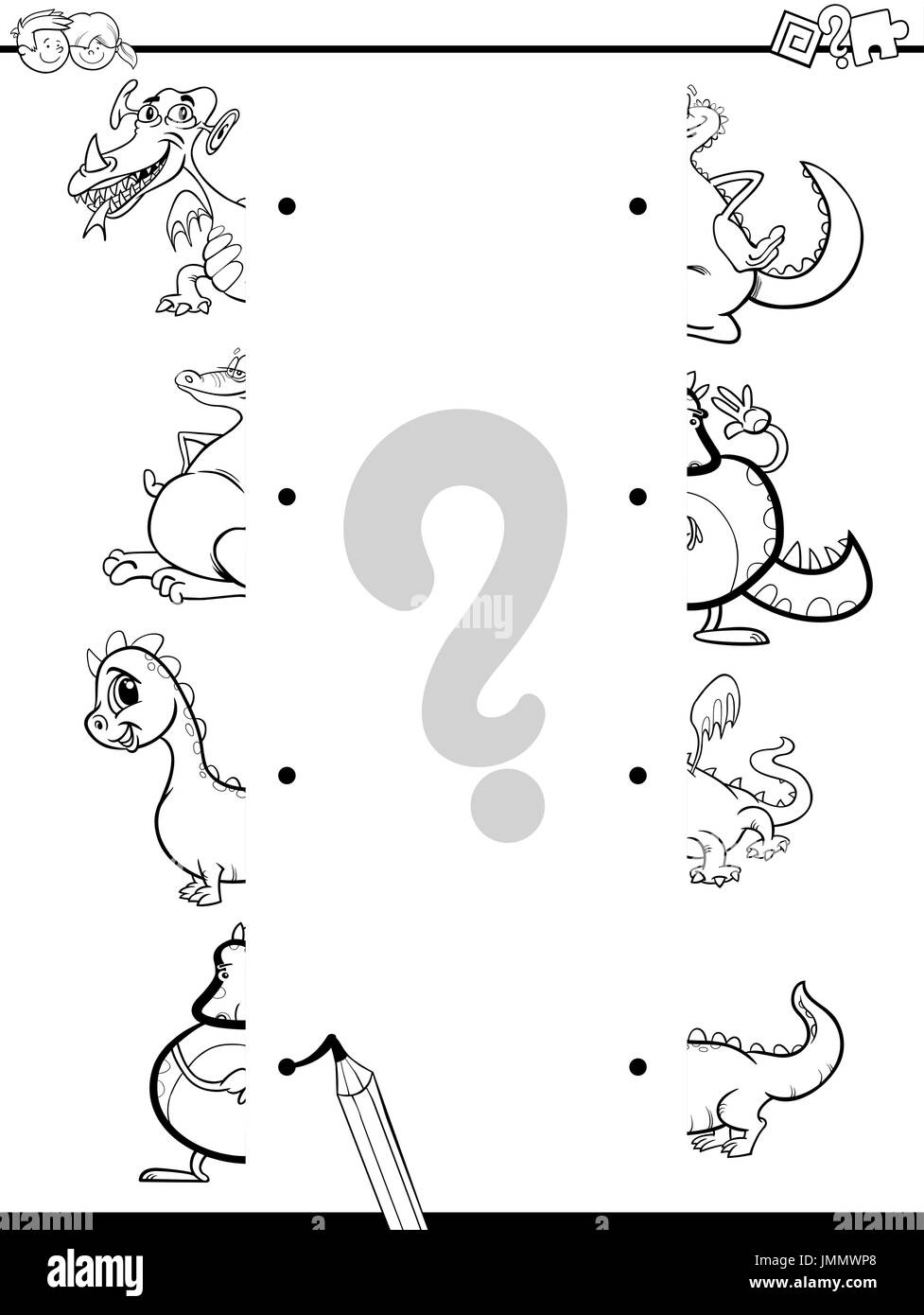 Black and White Cartoon Illustration of Educational Game of Matching ...