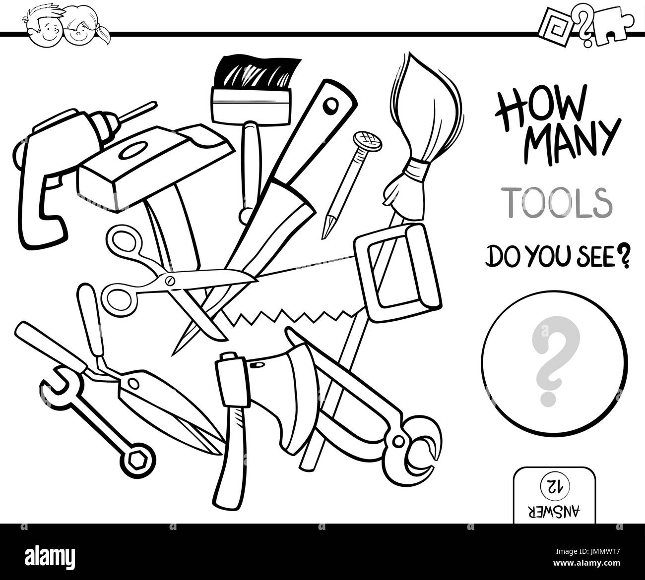 Black and White Cartoon Illustration of Educational Counting Activity Game for Children with Tools Objects Coloring Page Stock Vector