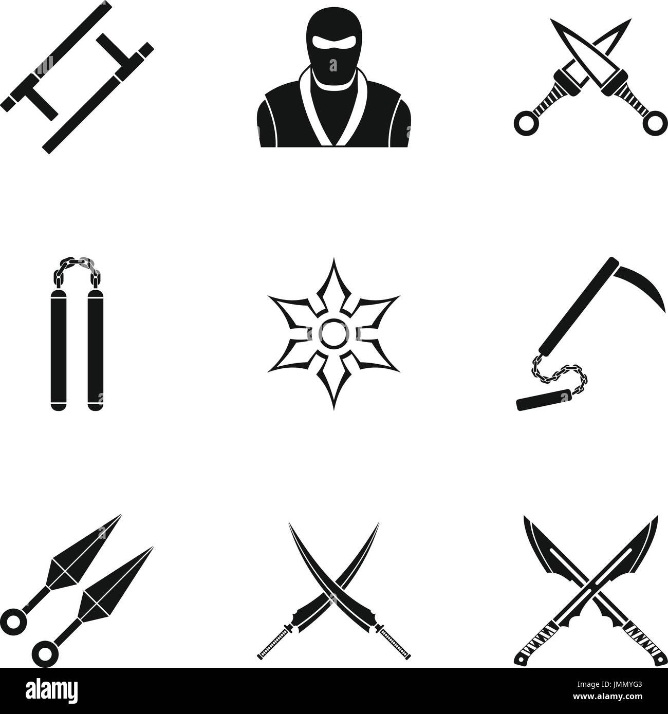 Japanese weapons icons set, simple style Stock Vector