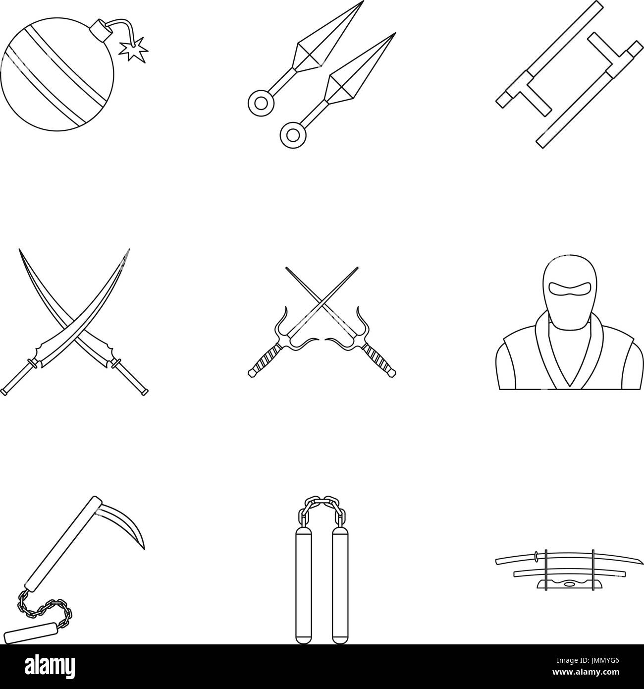 Japanese weapons icons set, outline style Stock Vector