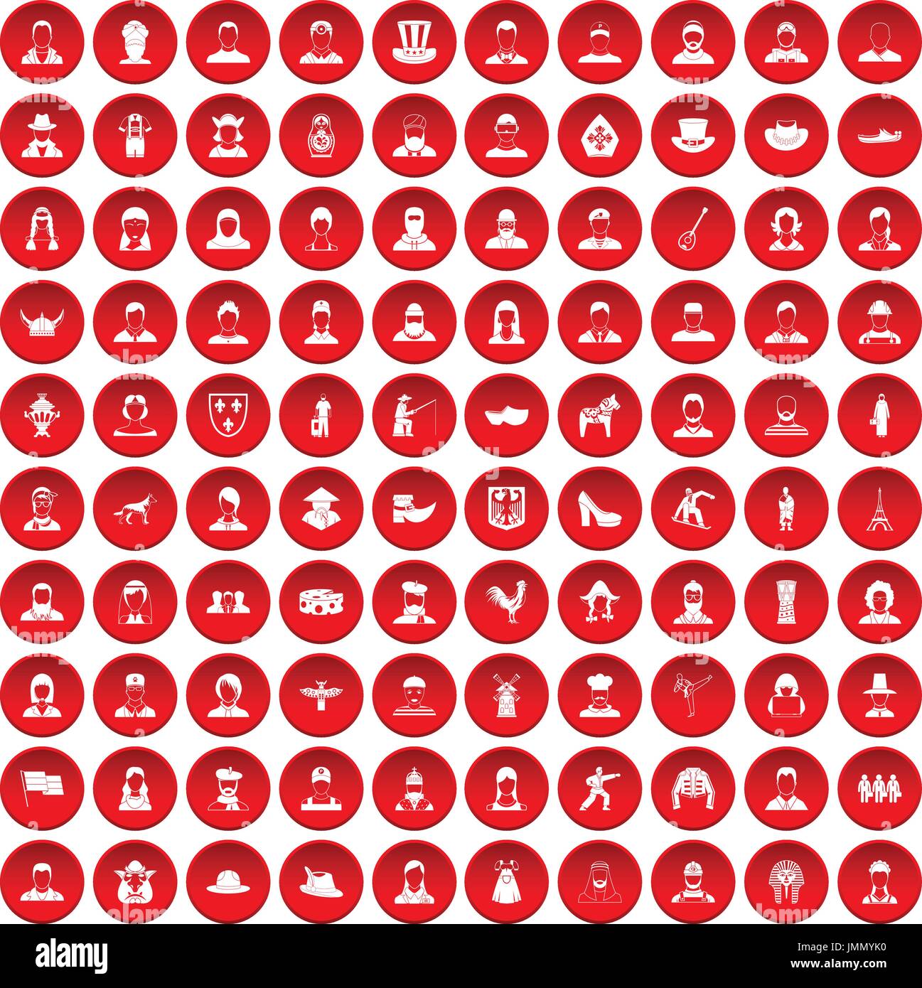 100 folk icons set red Stock Vector