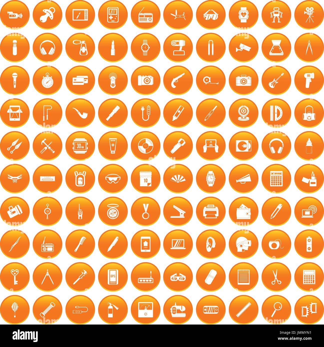 100 portable icons set orange Stock Vector