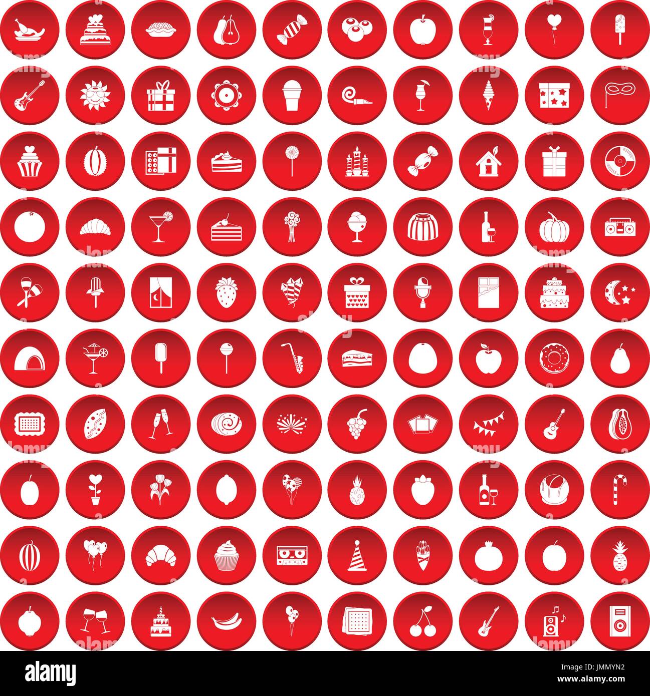 100 fruit party icons set red Stock Vector