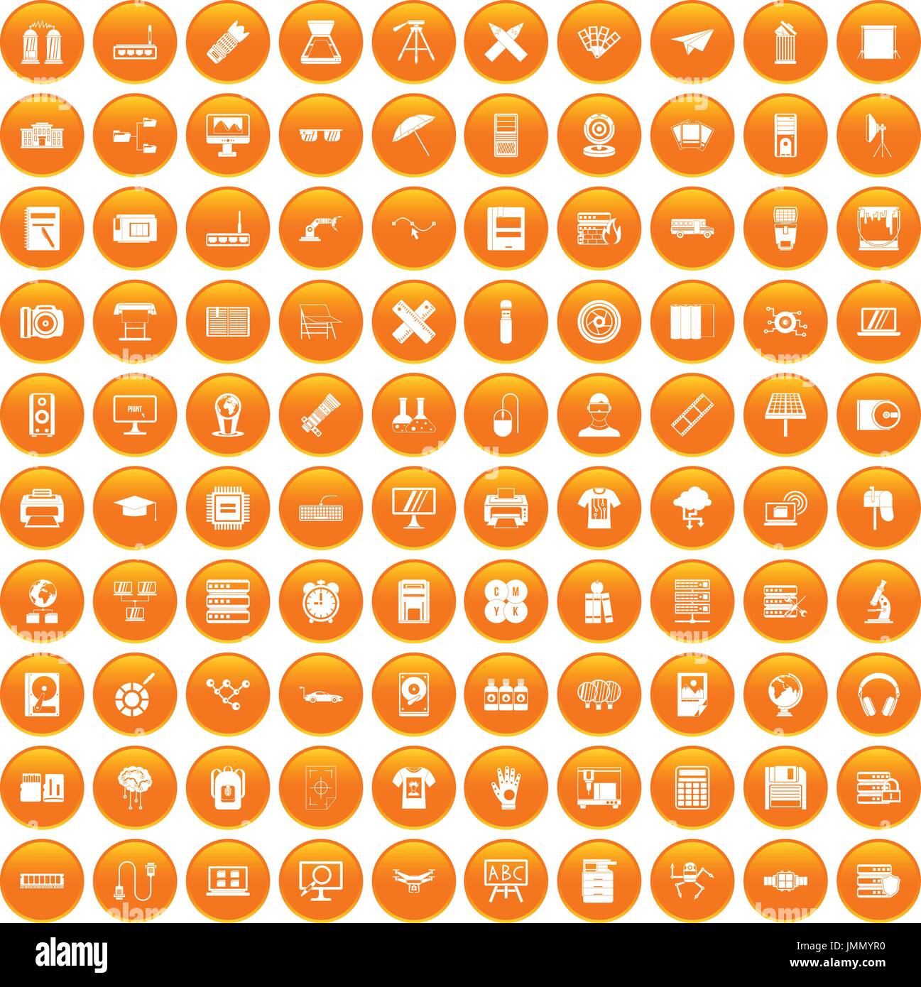 100 printer icons set orange Stock Vector