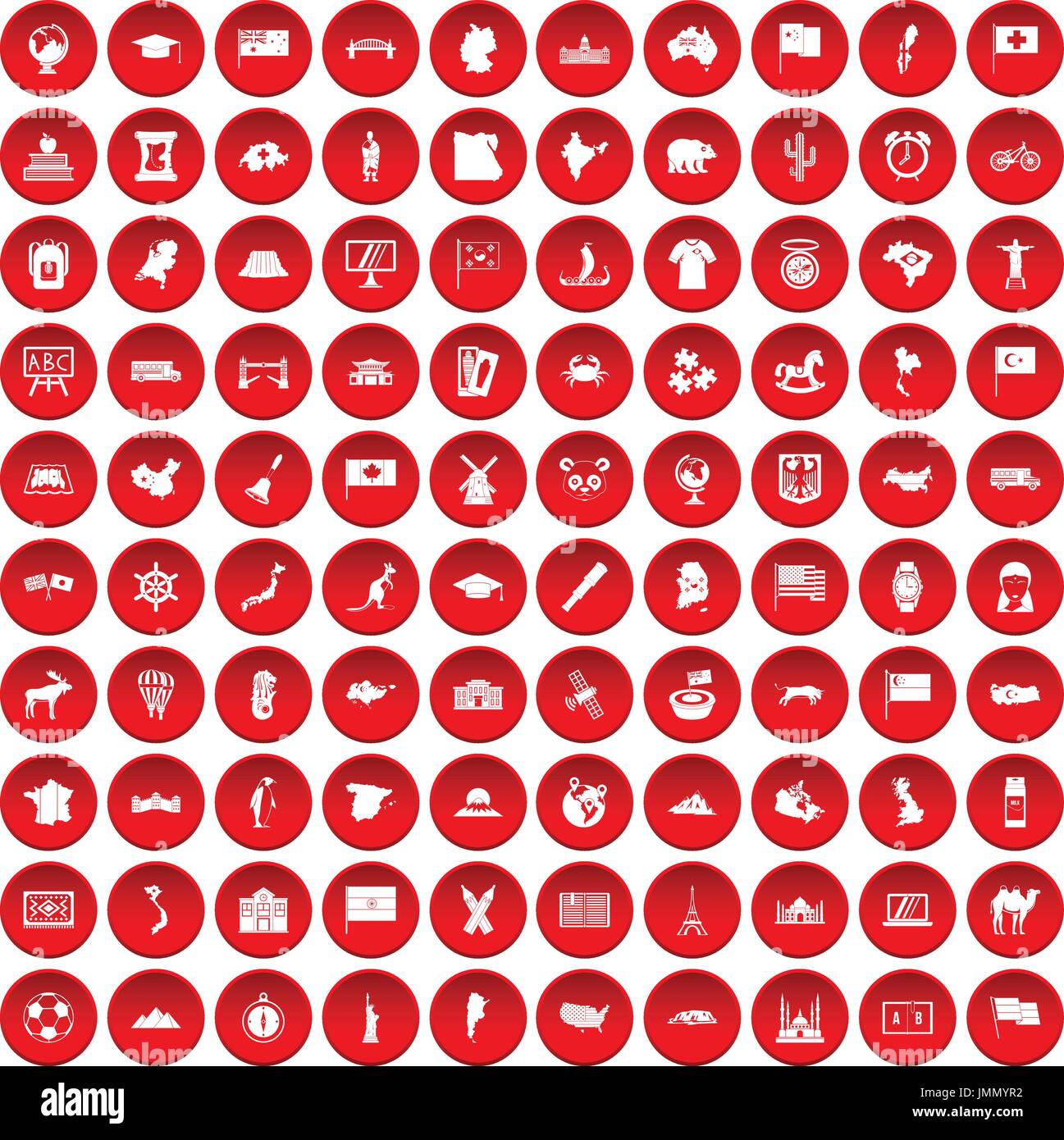 100 geography icons set red Stock Vector