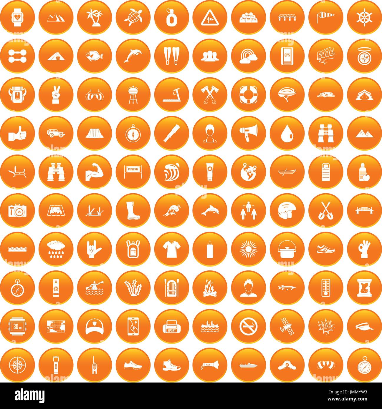 100 rafting icons set orange Stock Vector