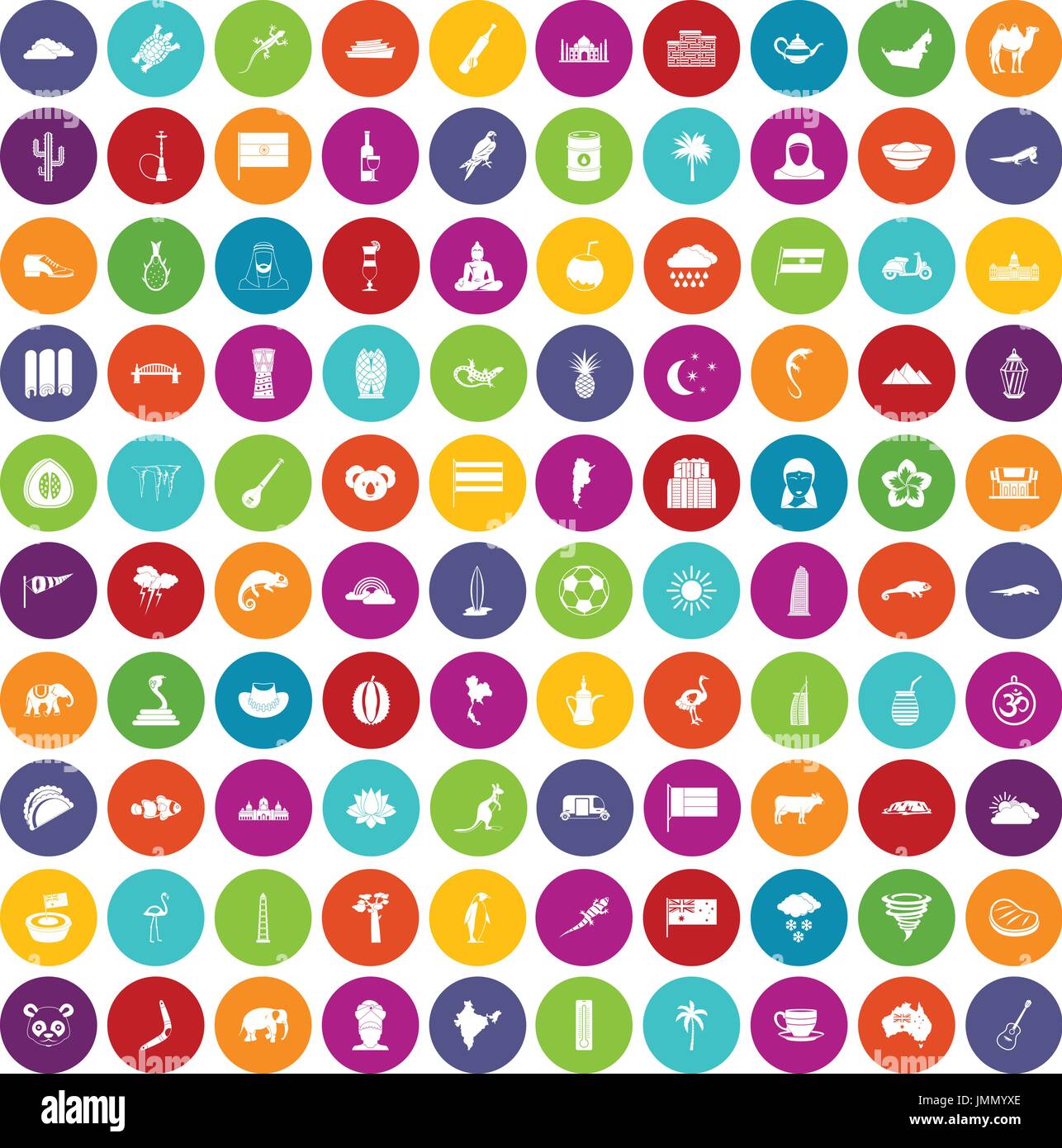 100 exotic animals icons set color Stock Vector