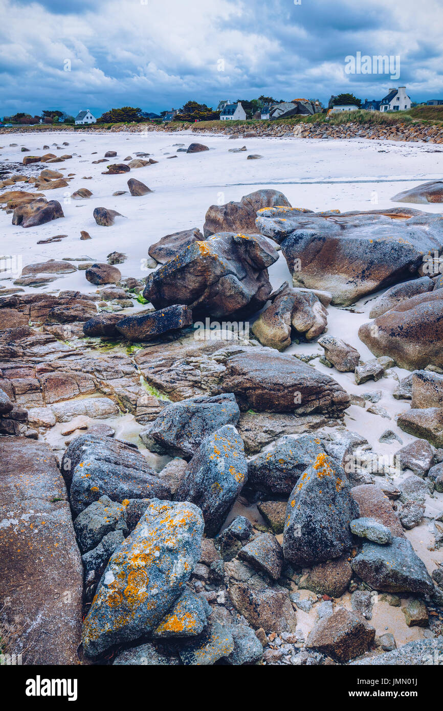 Pink Rocks France The pink granite rocks with strange shapes, coast in Brittany. The mass ...