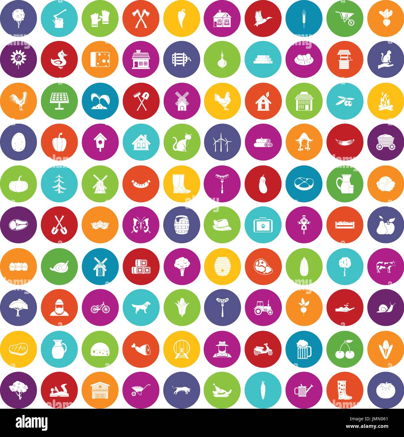 100 farm icons set color Stock Vector