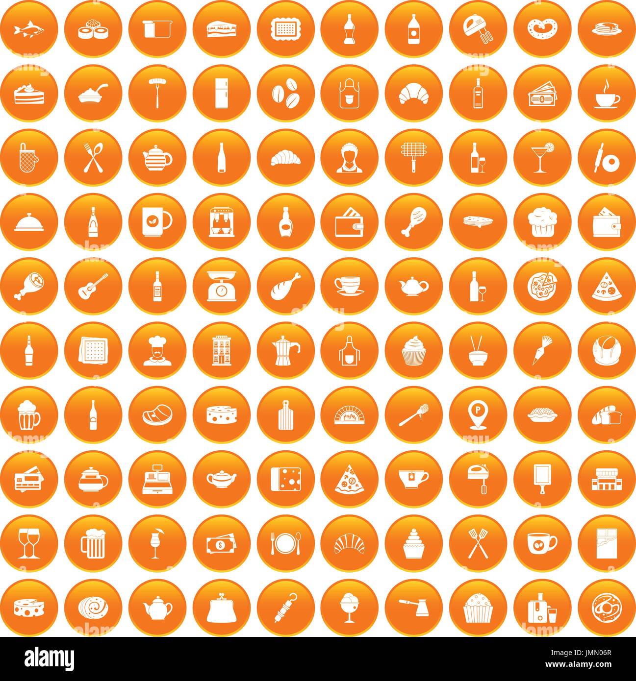 100 restaurant icons set orange Stock Vector