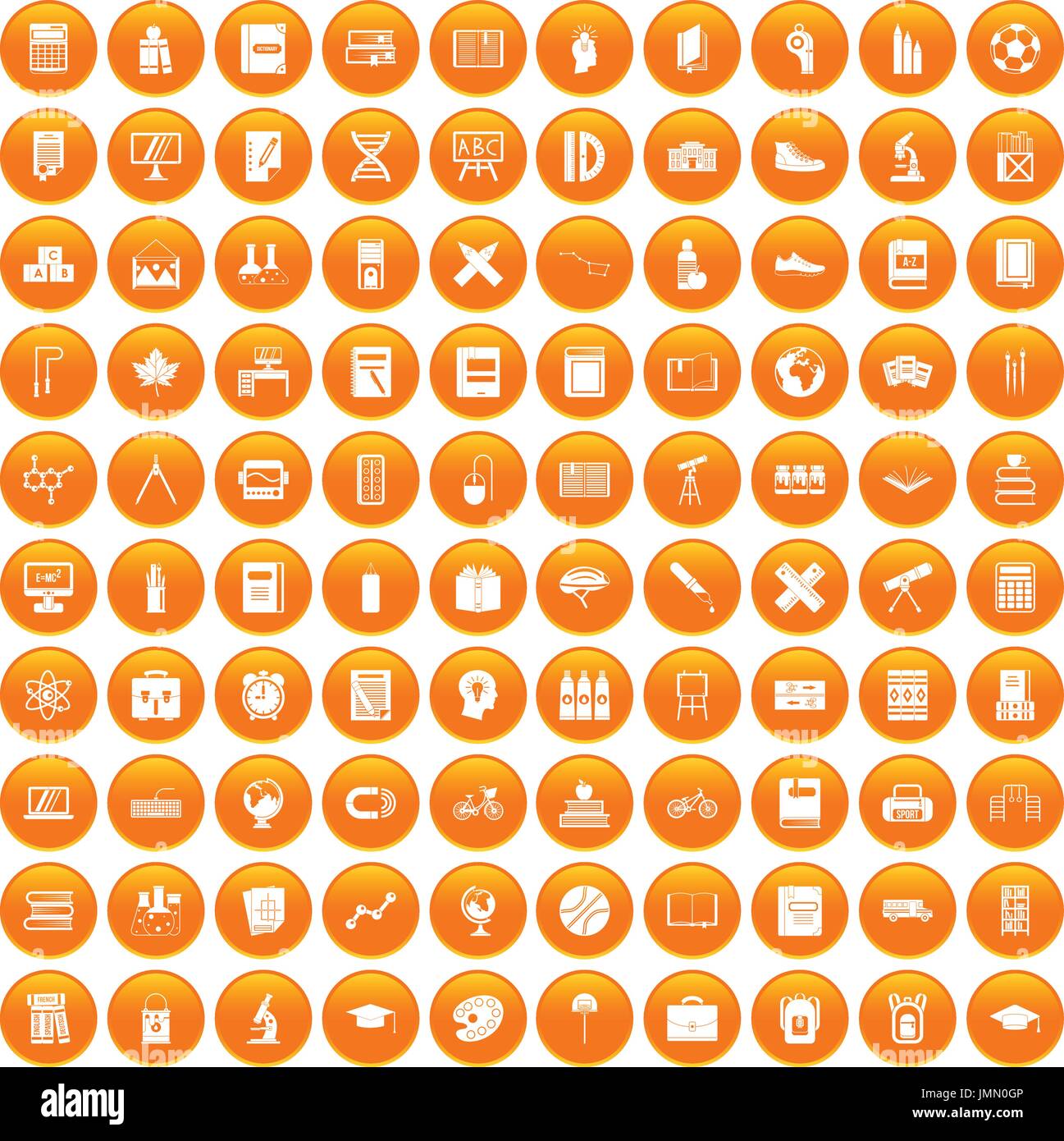 100 school icons set orange Stock Vector