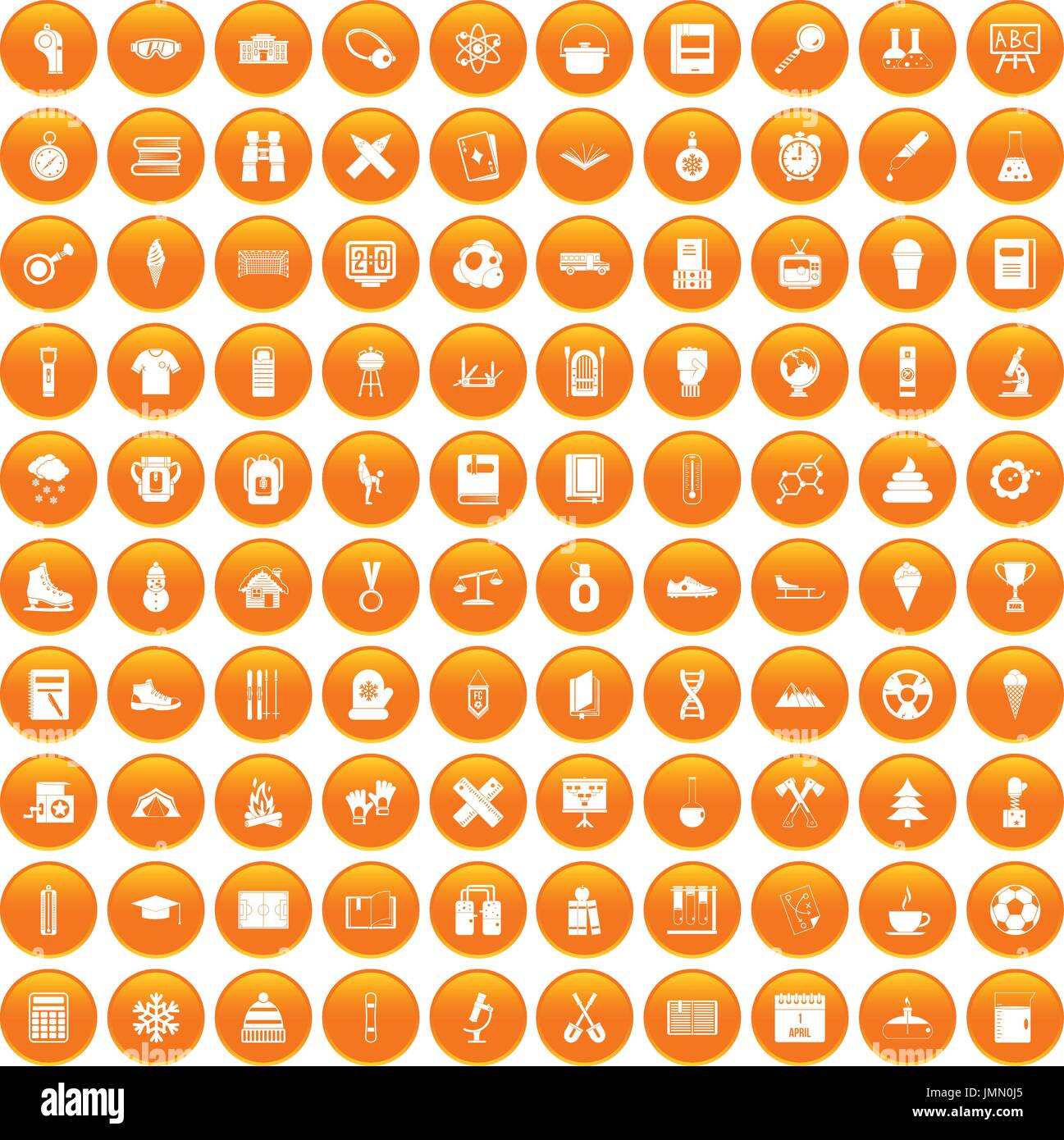 100 school years icons set orange Stock Vector