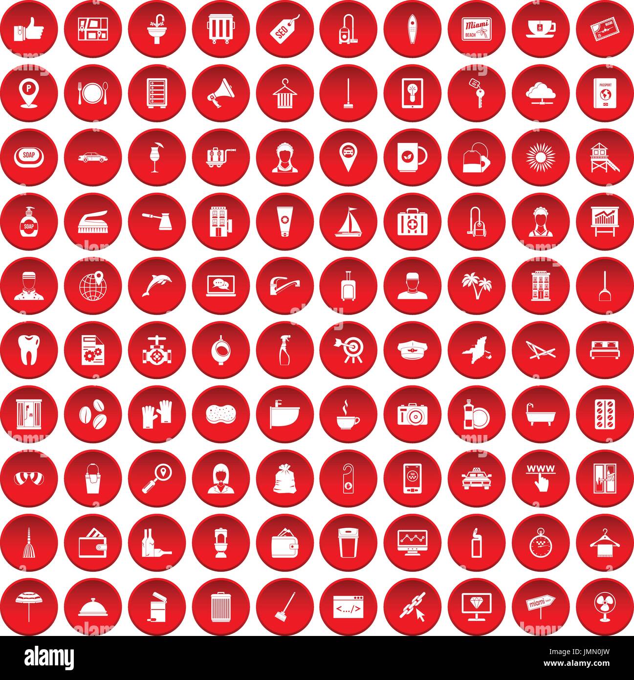 100 hotel services icons set red Stock Vector