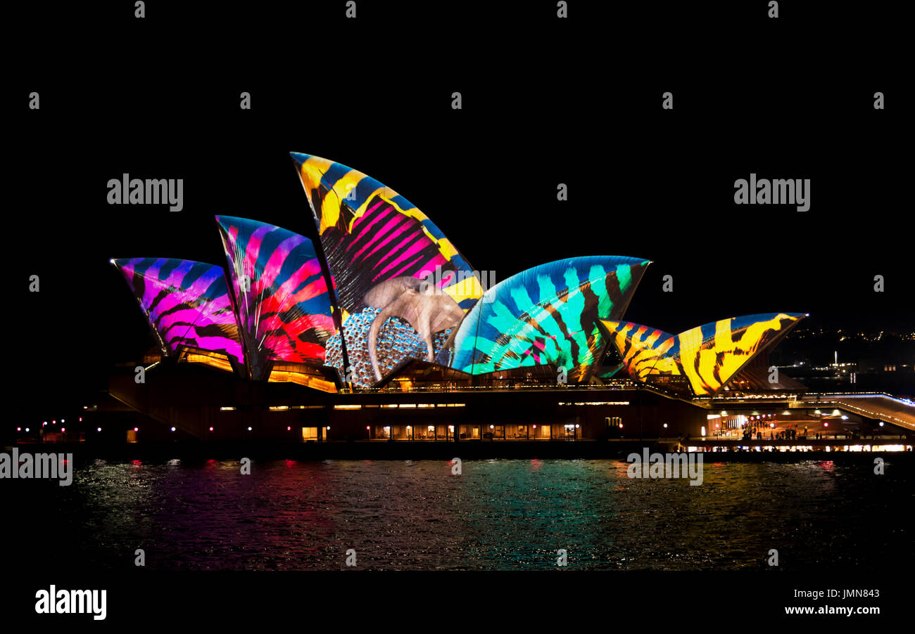 Sydney, 7th June, 2017.Vivid light festival, an annual   public event where the opera house is illuminated in the month of June. Stock Photo