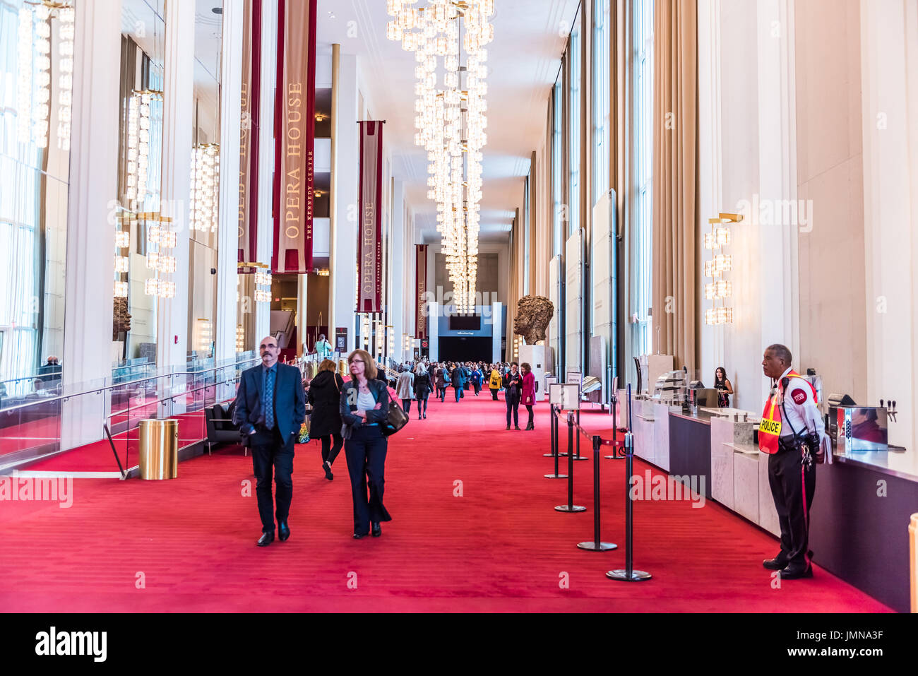 Washington DC, USA - March 20, 2017: John F. Kennedy Center for performing arts interior architecture with tall ceilings and chandeliers Stock Photo