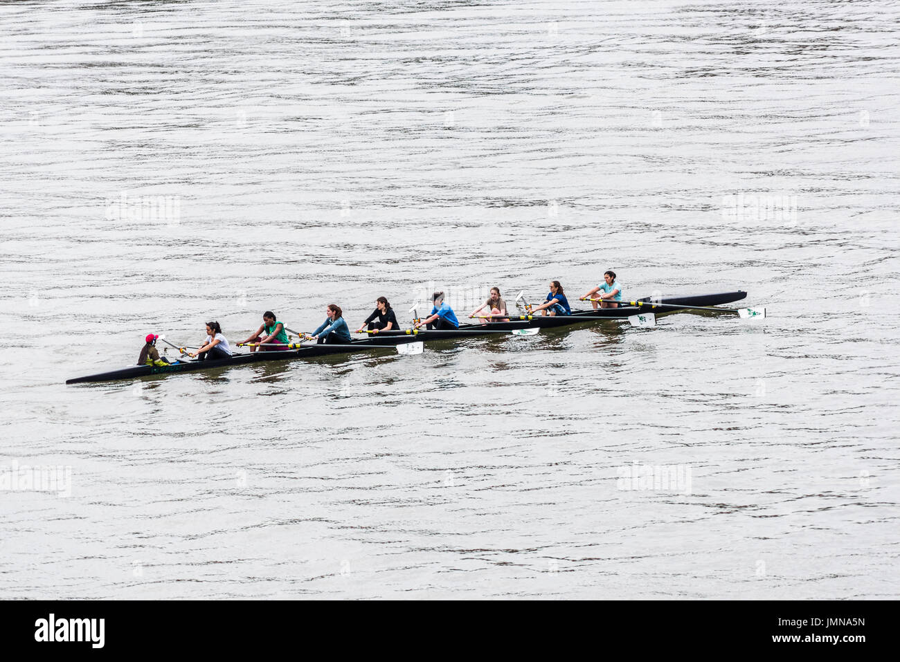 Washington DC, USA - March 20, 2017: People rowing on Potomac river on many boats Stock Photo