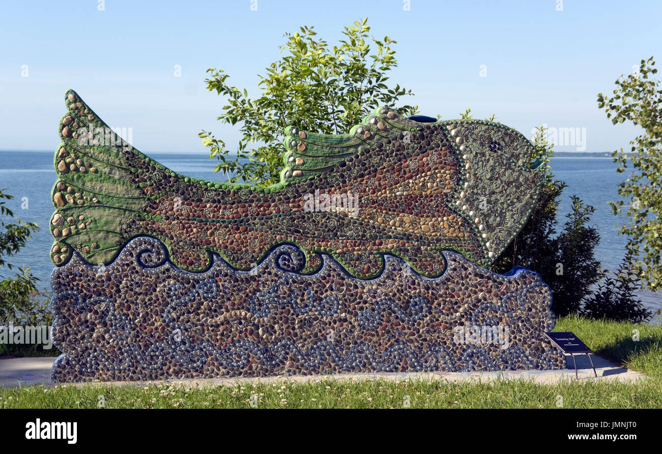 Sculpture, Enchanting Myth, by Brenda Lynn Burtard-Ricke, Mariners Trail along Lake Michigan shore, Two Rivers, Wisconsin Stock Photo