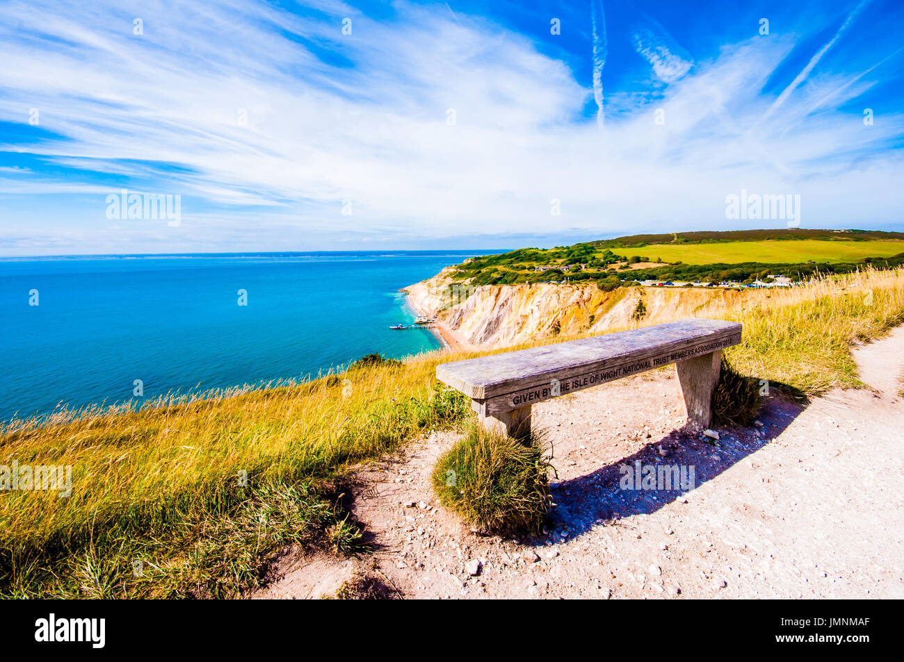 England, Isle of Wight, Alum Bay, View towards the cliffs from The Needles Stock Photo