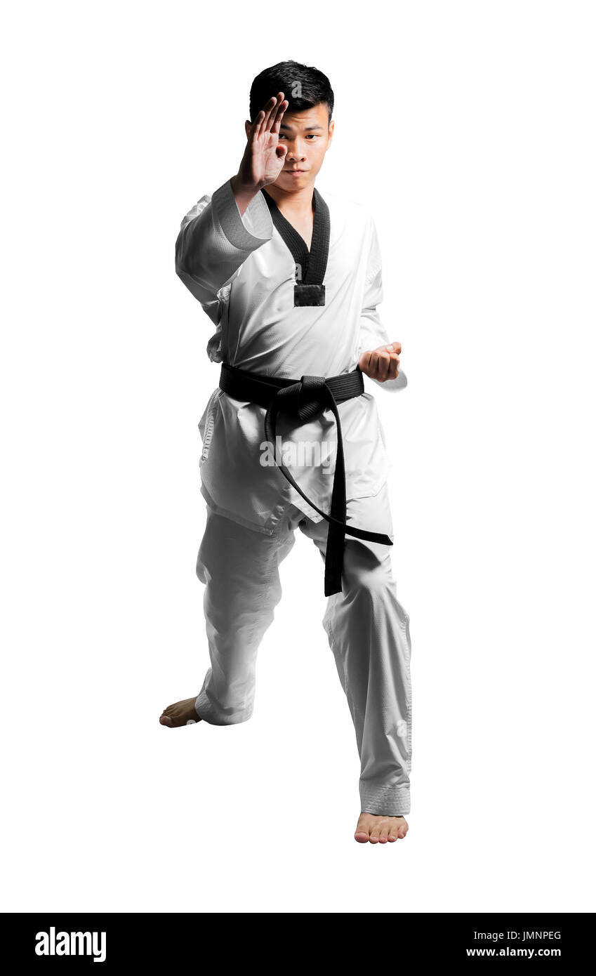 Portrait of a handsome asian man with taekwondo black belt . Isolated on white background Stock