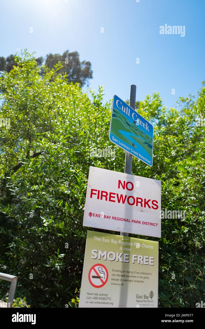 Signage for Cull Creek, including a sign advising visitors that all fireworks are illegal in advance of Independence Day, at Cull Canyon Regional Recreation Area, an East Bay Regional Park in the San Francisco Bay Area town of Castro Valley, California, June 30, 2017. Stock Photo
