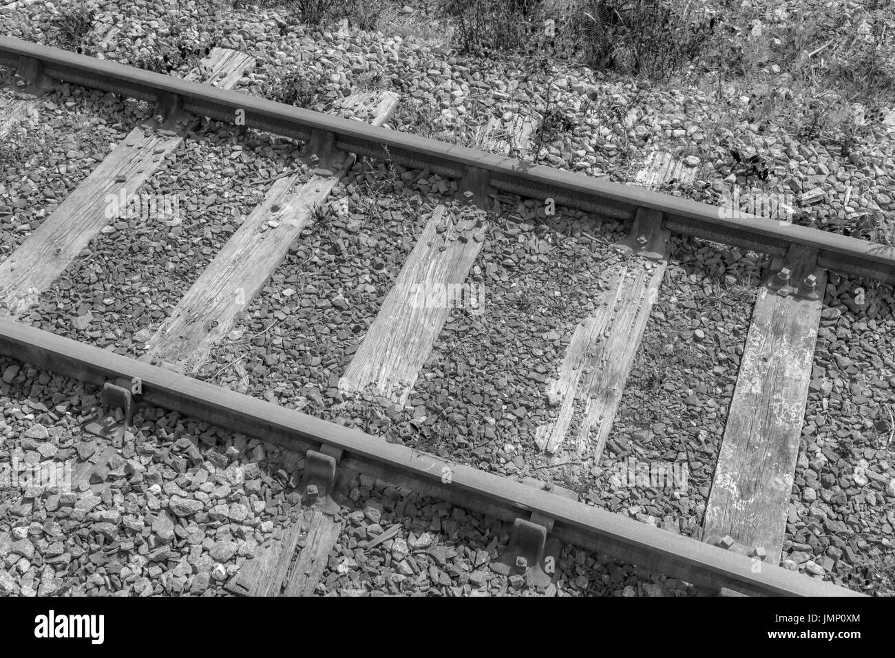 Monochrome image of a small section of railway / railroad track - metaphor for 'end of the line', rail transport, and general concept of freight. Stock Photo