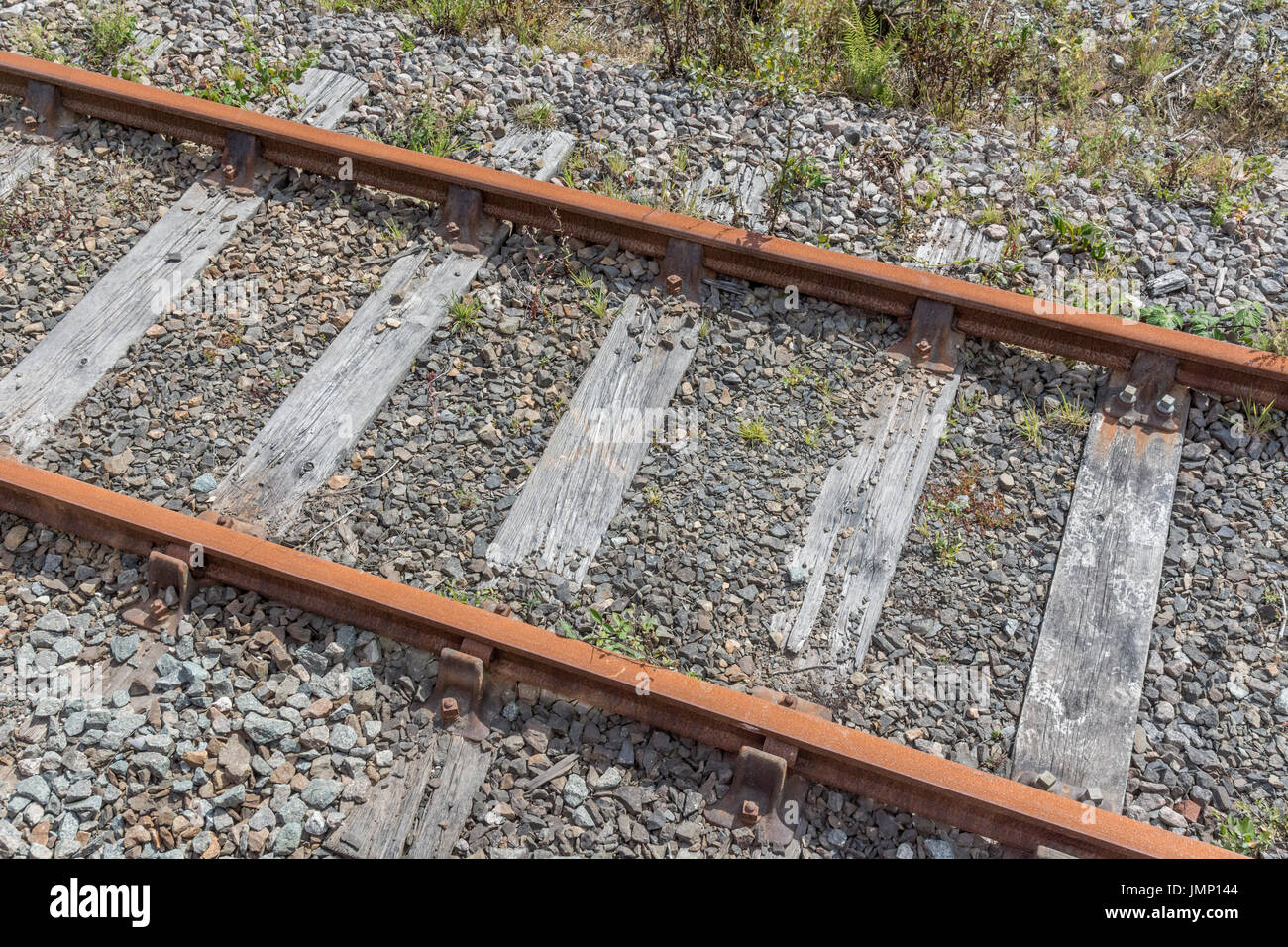 Small section of railway / railroad track - metaphor for 'end of the line', rail transport, and general concept of freight. Stock Photo
