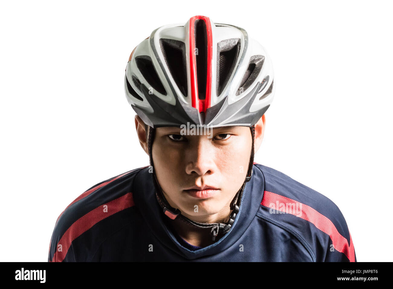 Portrait of an asian man cyclist with helmet and sportswear. Isolated ...