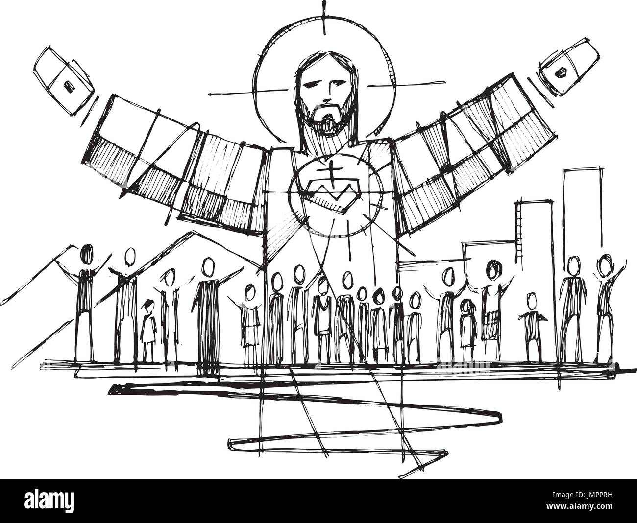 Hand drawn vector illustration or drawing of Jesus Christ with open arms and and people Stock Vector