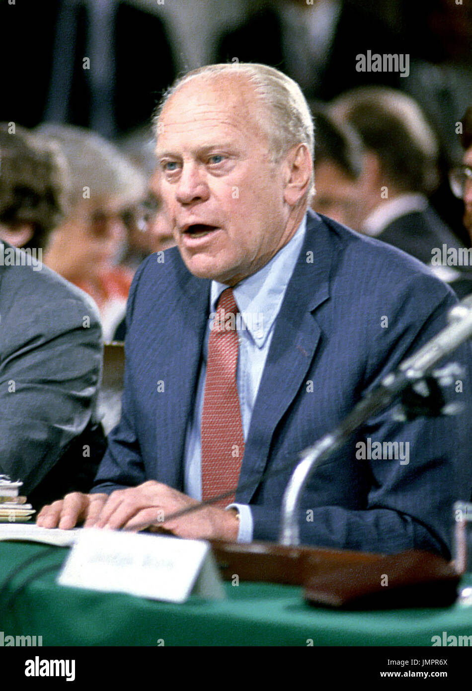 Washington, D.C. - September 15, 1987 -- Former United States President Gerald R. Ford introduces Judge Robert Bork to the United States Senate Judiciary Committee in Washington, D.C. on September 15, 1987.  Bork was standing as President Ronald Reagan's nominee to be Associate Justice of the United States Supreme Court Credit: Arnie Sachs - CNP Stock Photo